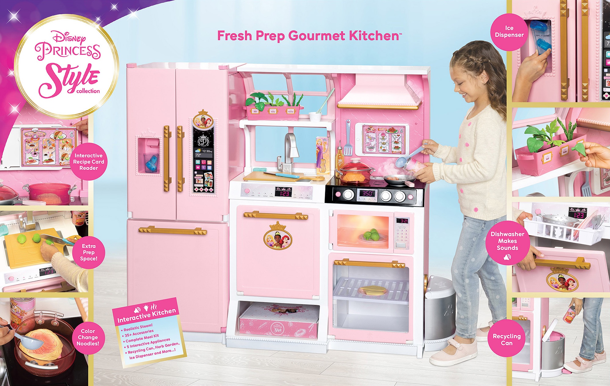  Disney Princess Style Collection Fresh Prep Gourmet Kitchen,  Interactive Pretend Play Kitchen for Girls & Kids with Realistic Steam,  Complete Meal Kit & 35+ Accessories : Toys & Games